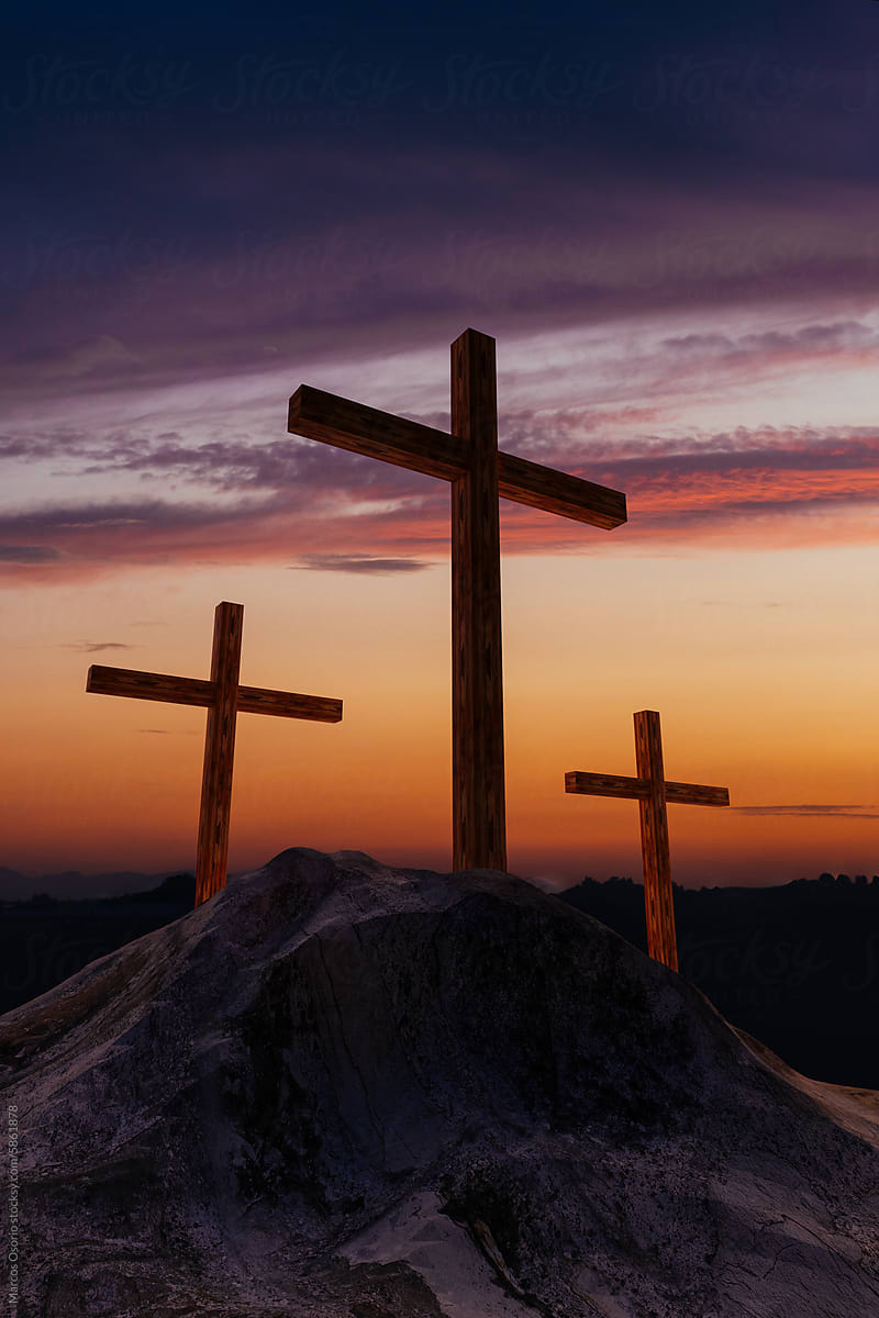 Serene Sunset Behind Three Crosses on a Hill
