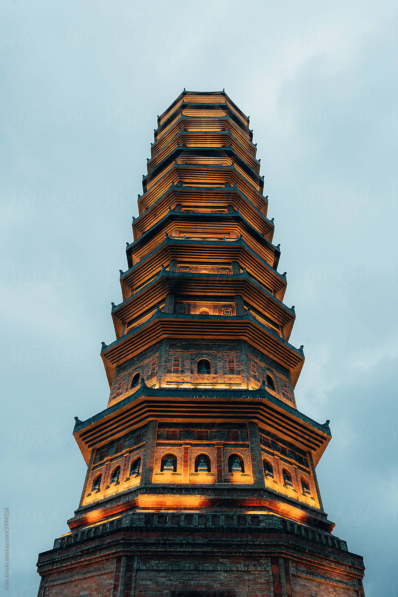 Illuminated tower of a Buddhist temple