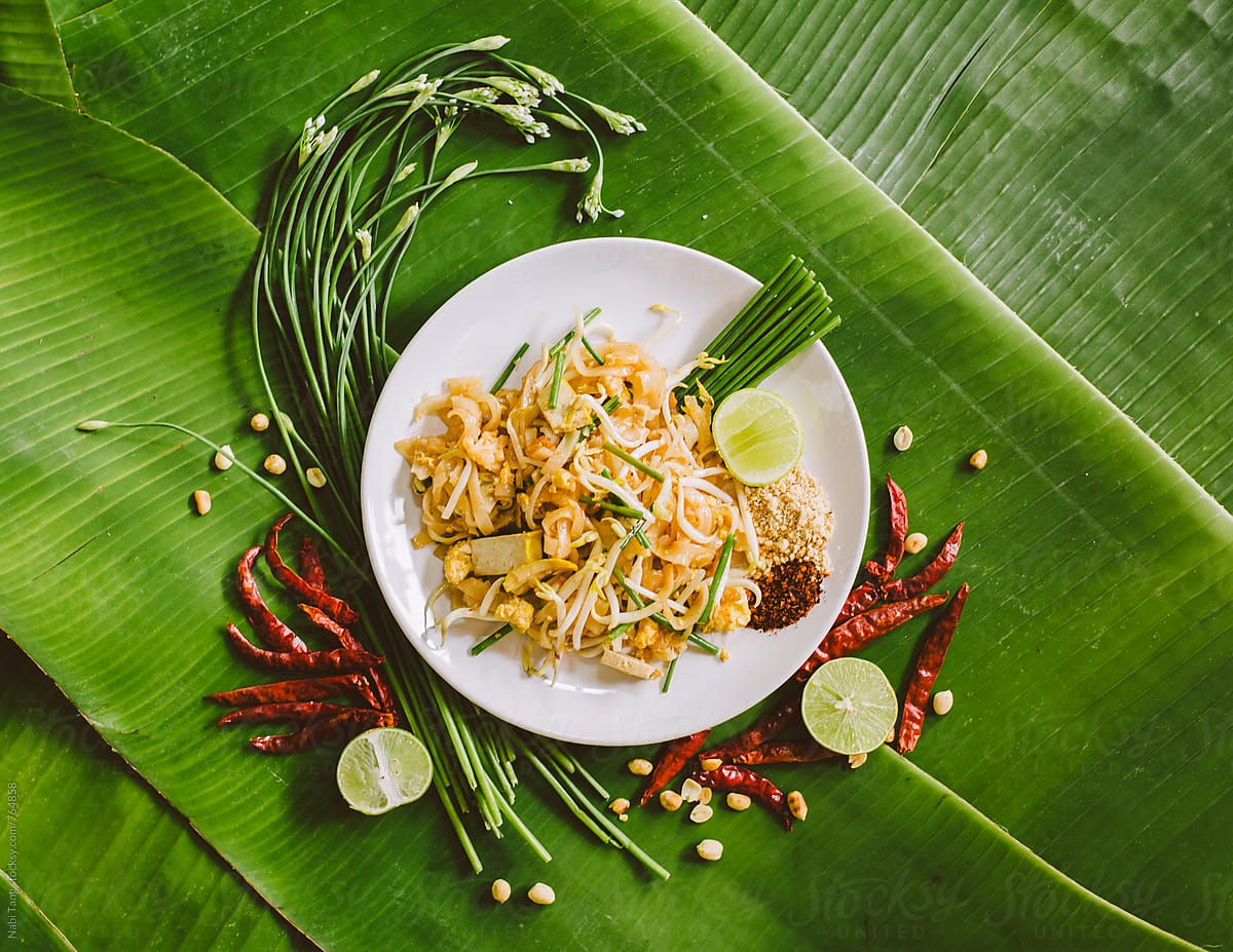 Pad Thai styling on banana leaves