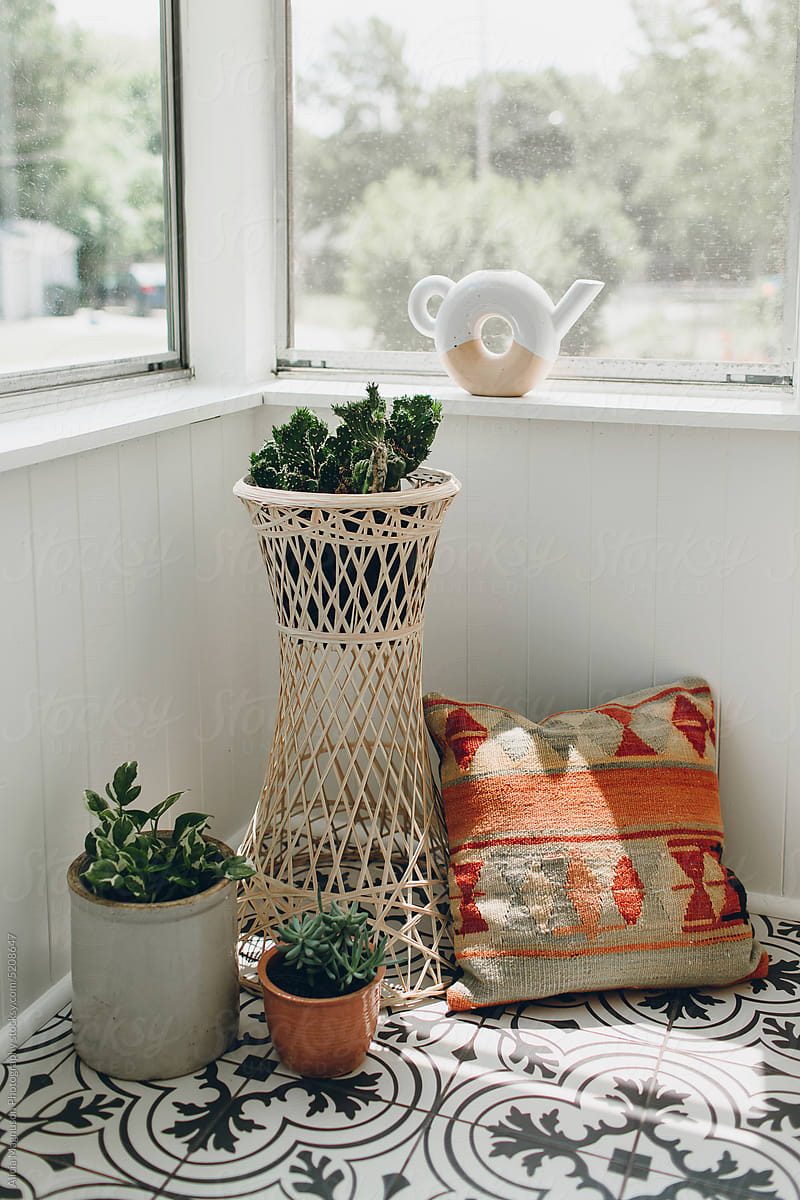 Houseplants and Throw Pillow on Boho Front Porch