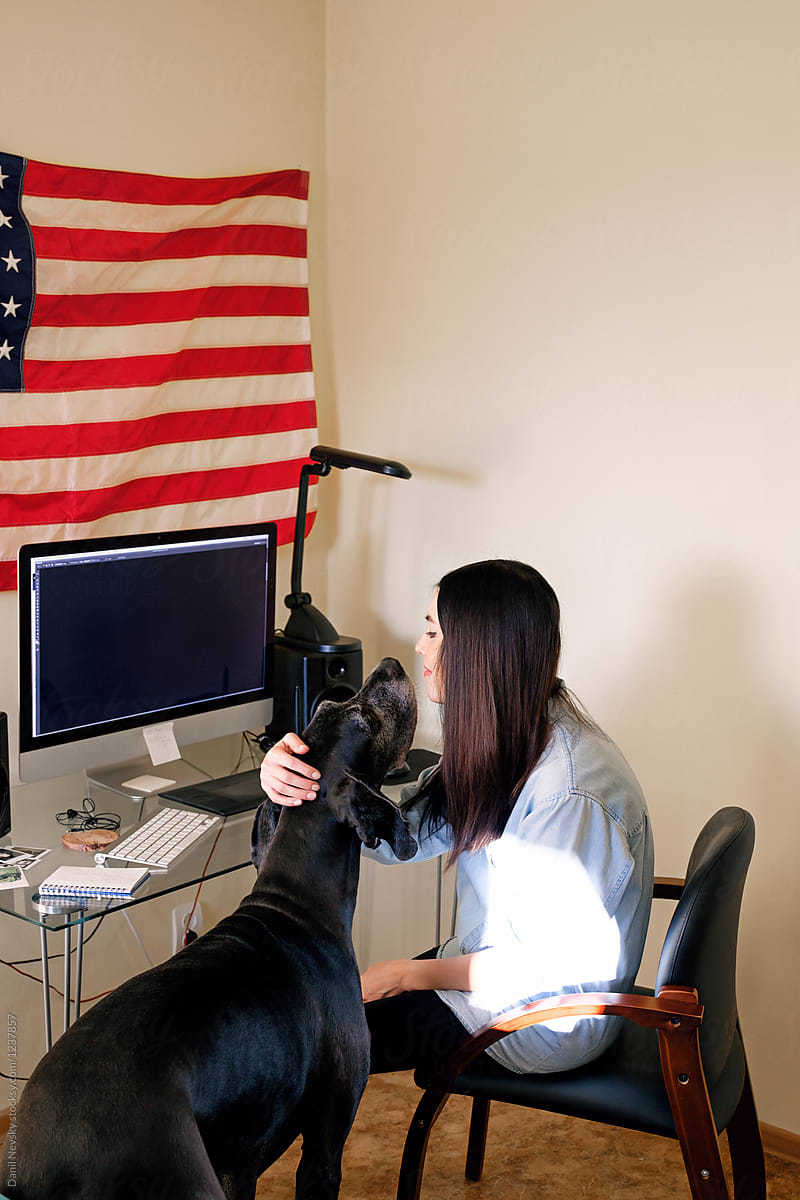 Woman with dog at computer. Fourth of July