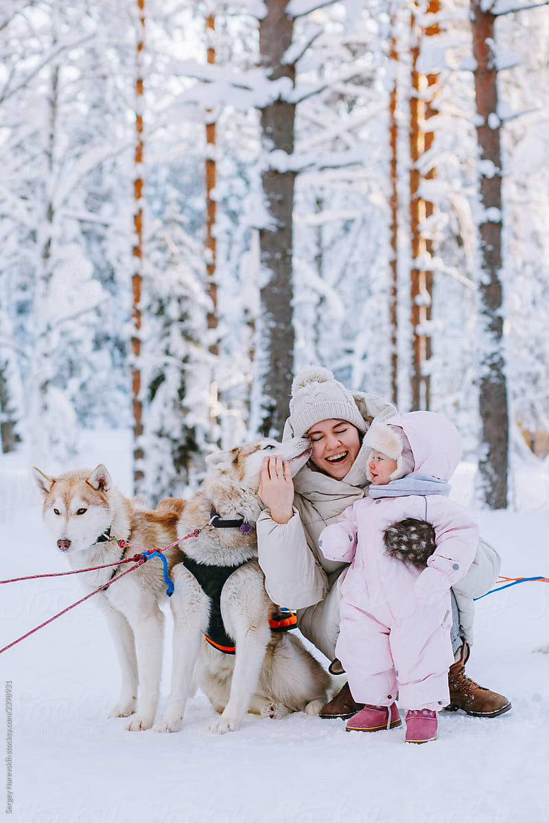 Mother and baby with huskies in winter forest