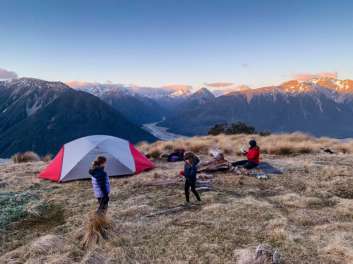 Family camping in the alps, Bealey Spur, New Zealand.