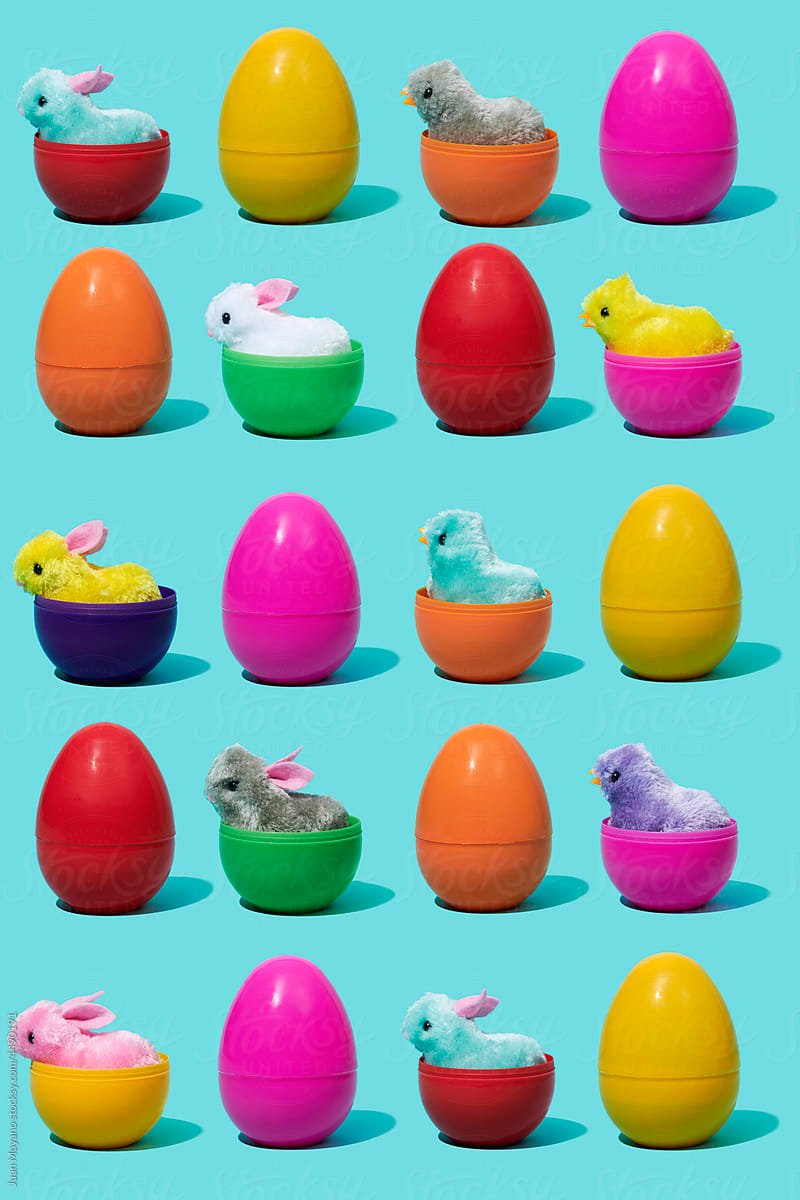easter bunnies and chicks in plastic eggs
