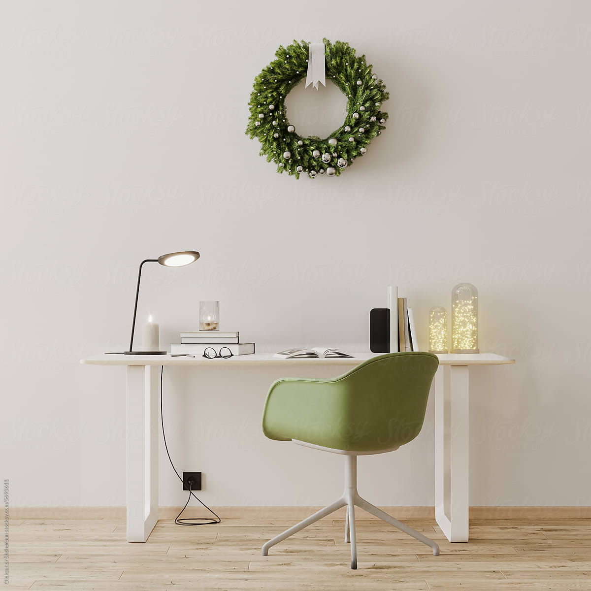 Office table with christmas decoration in bright interior, 3d render