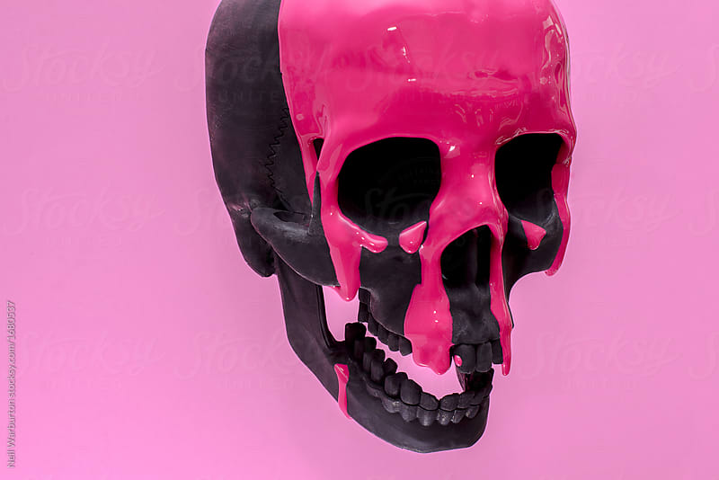 Black Skull with Pink paint running down it against a pink background