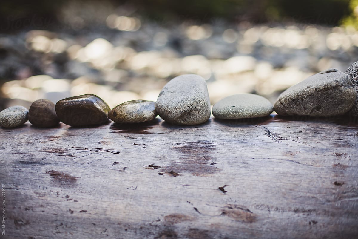 Stones lined up on a log.