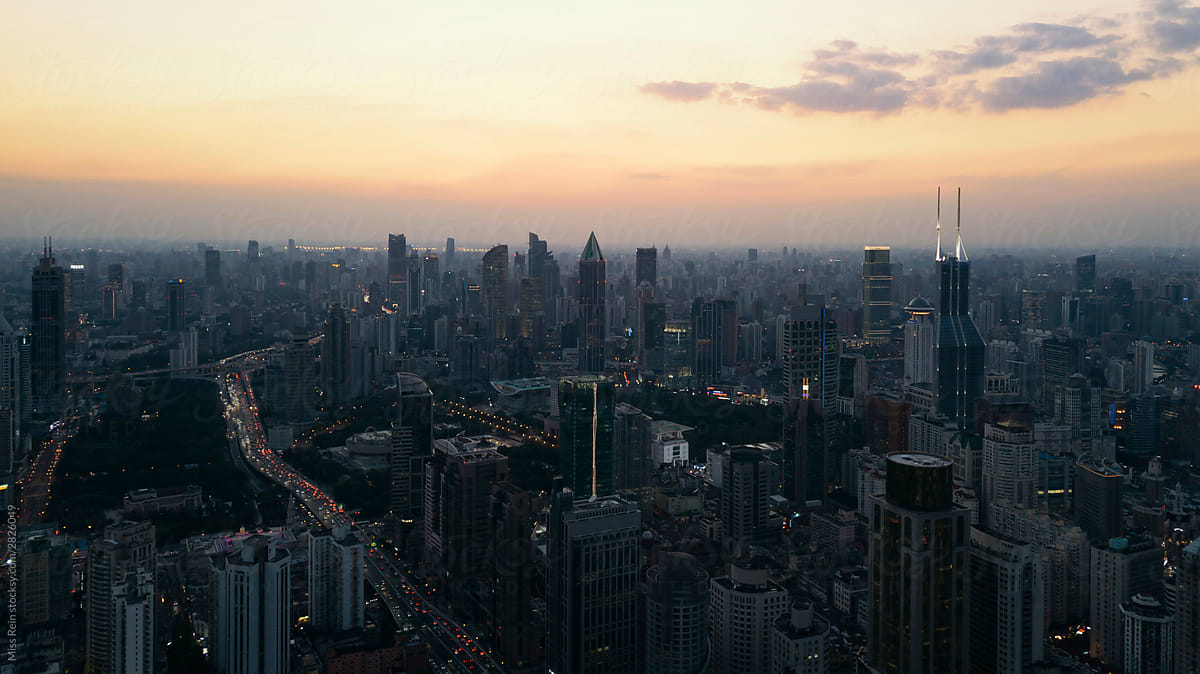 aerial view of city against sky during sunset,Shanghai