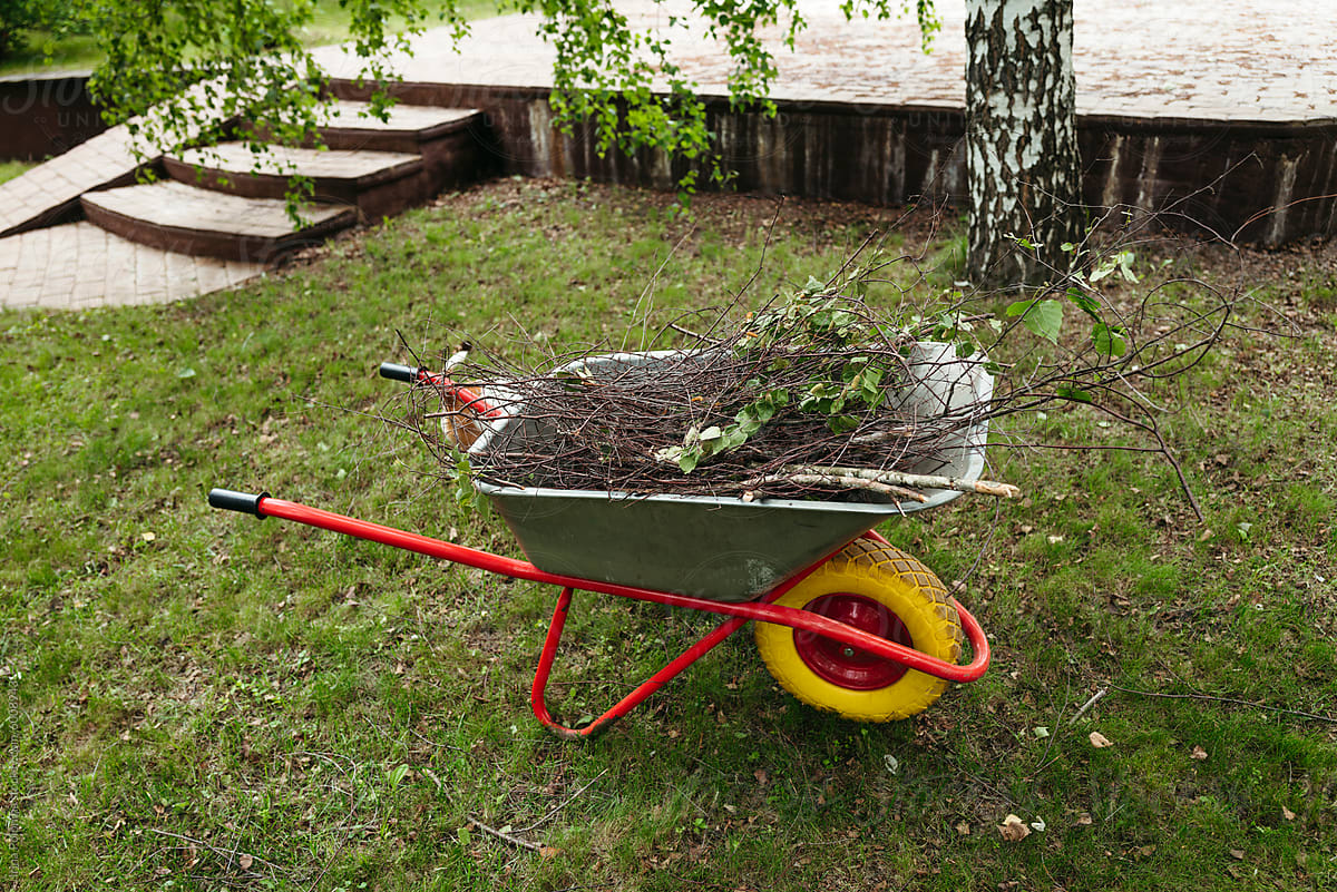Garden Clean-Up With Wheelbarrow and Debris
