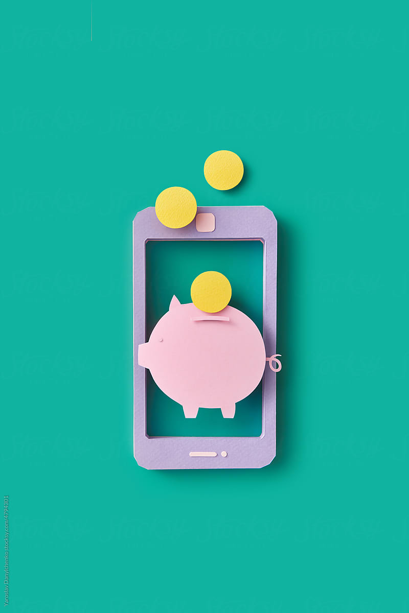 Paper smartphone with piggy bank and coins.