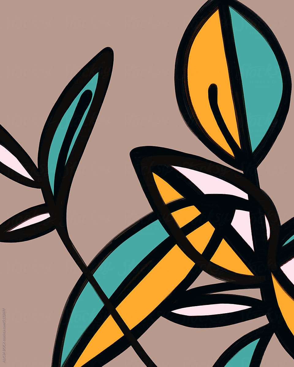 Abstract Minimal Plant Drawing In Turquoise And Yellow