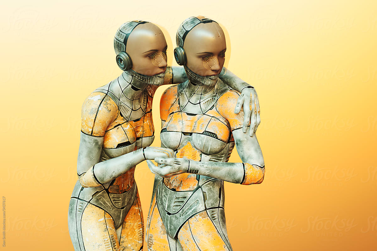 Two futuristic cyborg women holding each other while contemplating