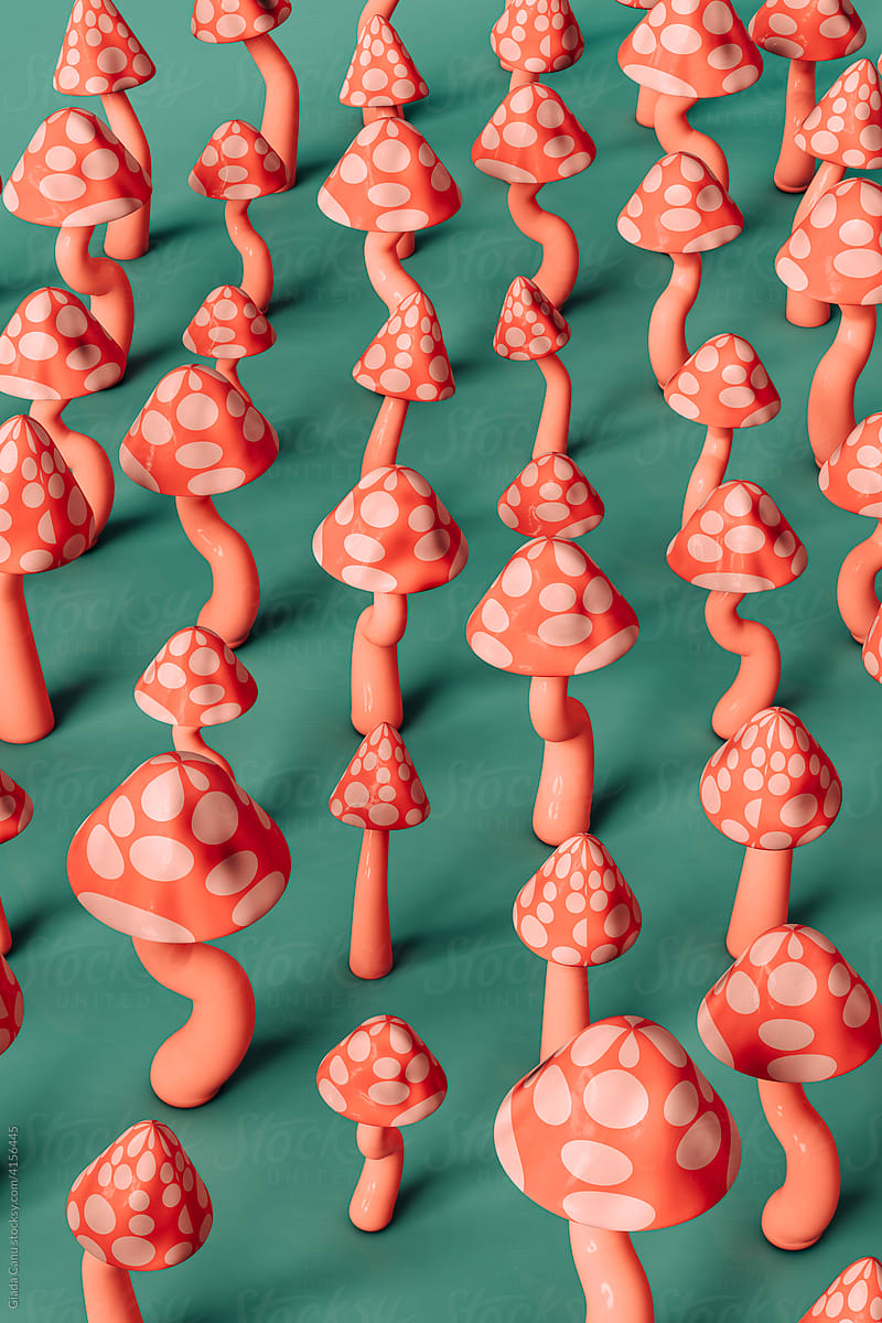 a pattern of growing pink mushrooms 3d render