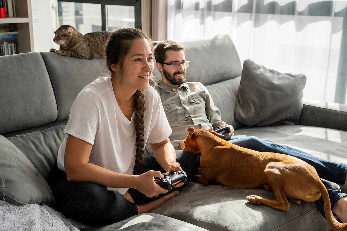Happy couple playing videogames at home