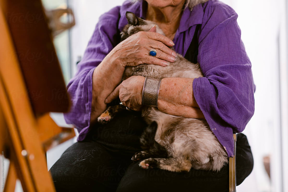 Cropped senior woman with her cat painting at residence