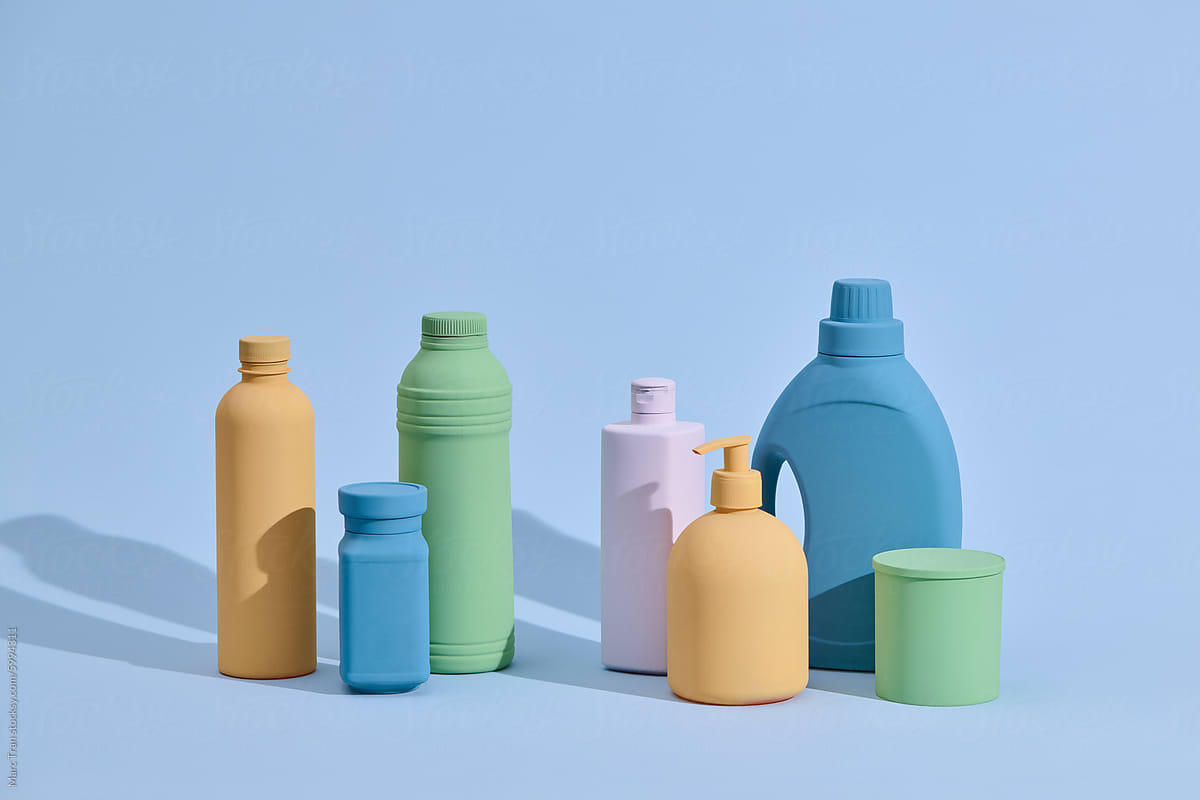Colorful bottles and dispensers of cleaning and detergent