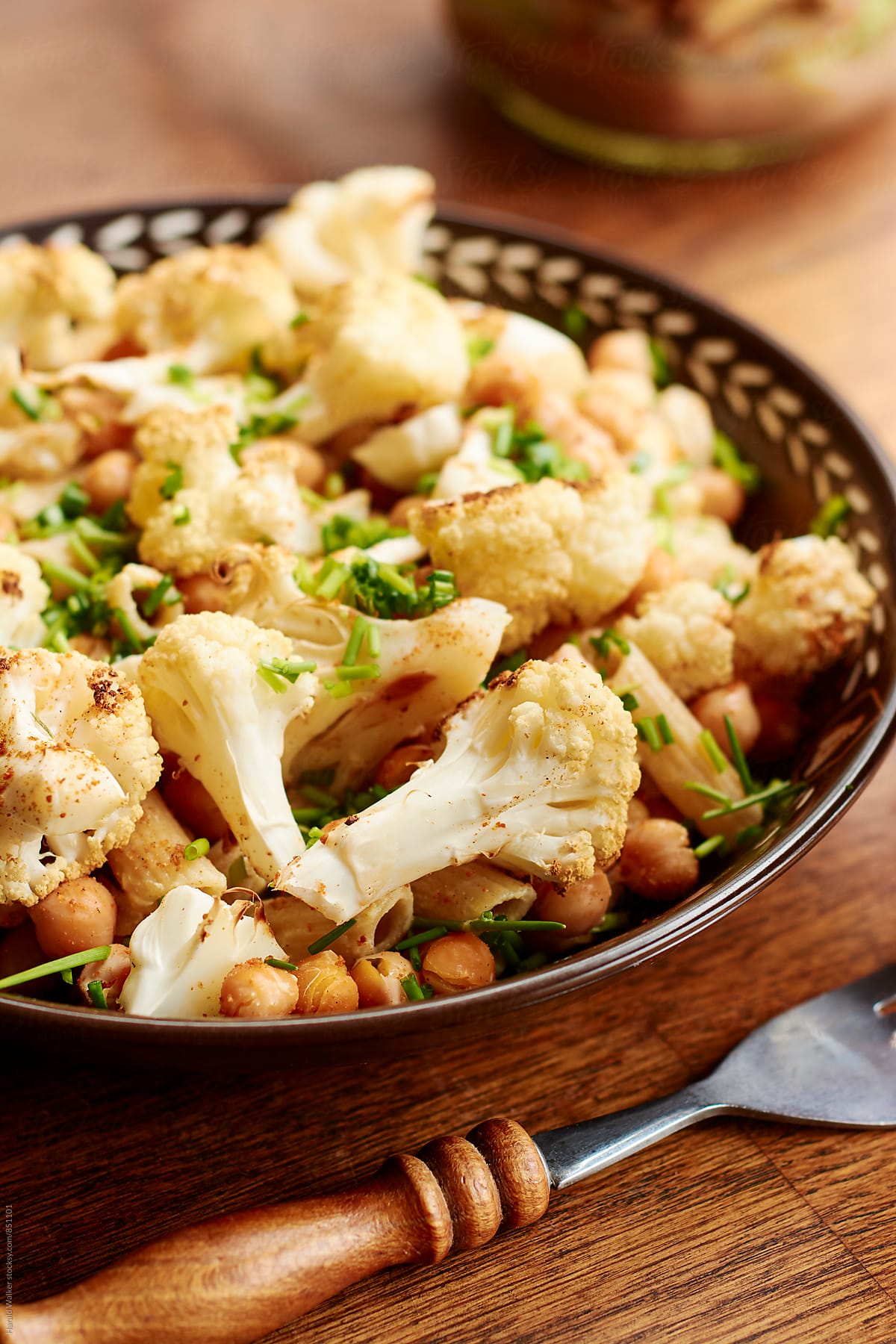 Spicy Roasted Cauliflower And Chickpeas on Penne Pasta