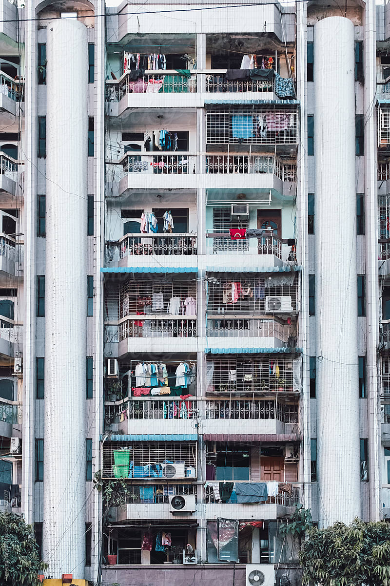 Crowded apartment living in Yangon, Myanmar