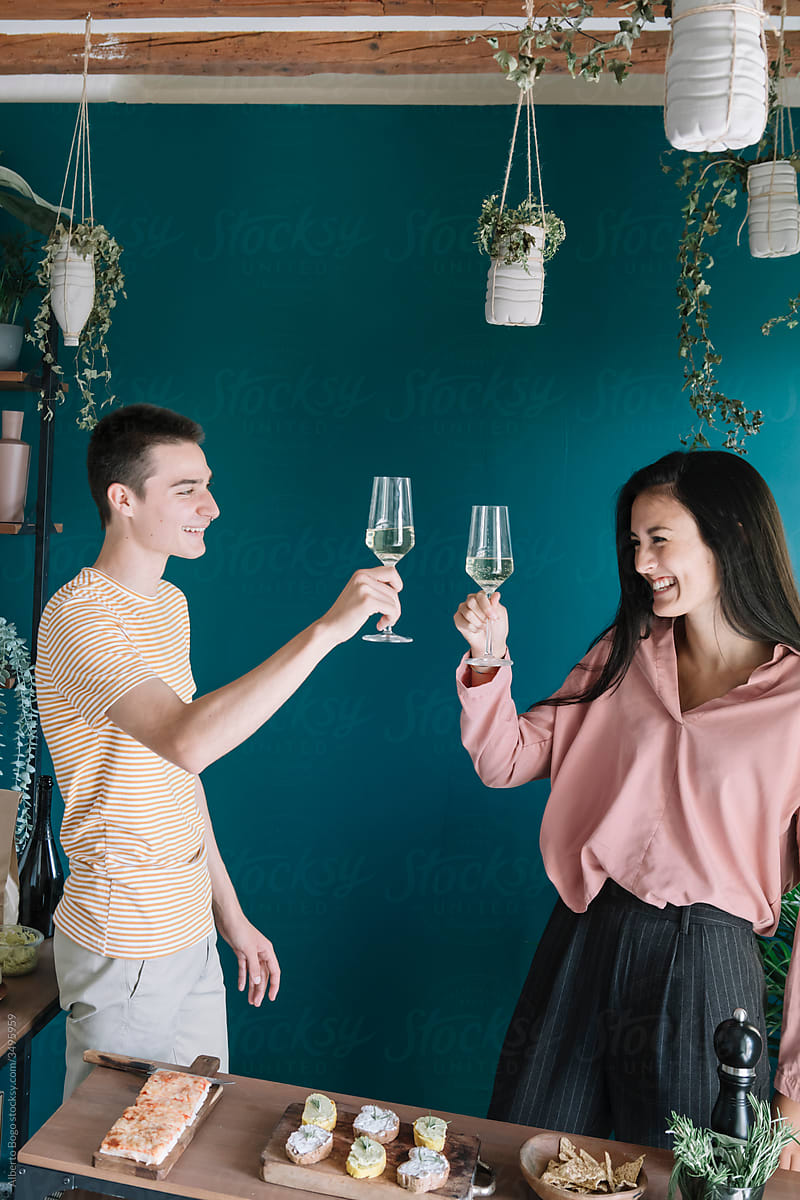 Young couple making a toast at a cocktail party at home