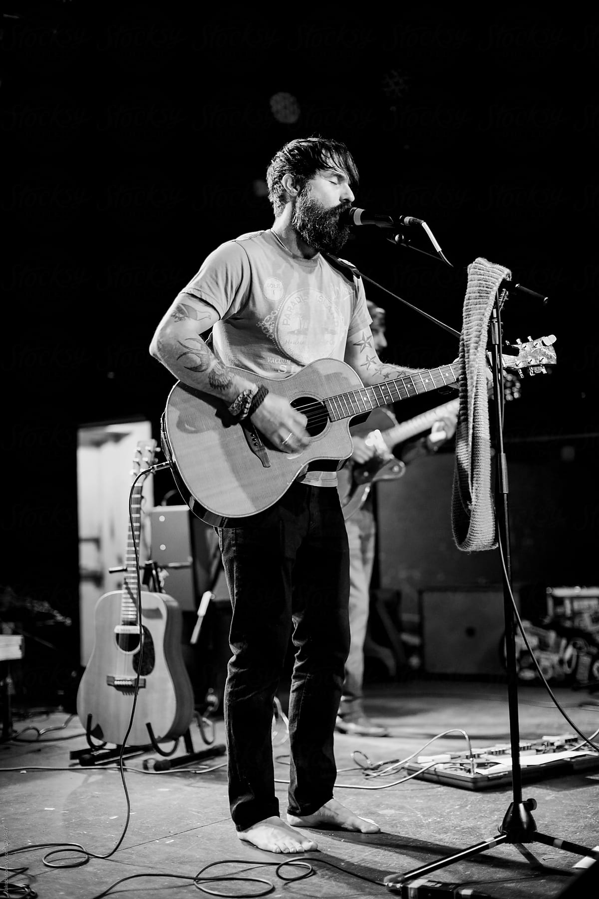 Bearded singer performs on a stage