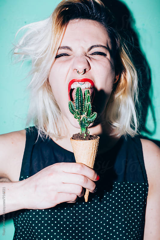woman screaming at a cactus ice cream