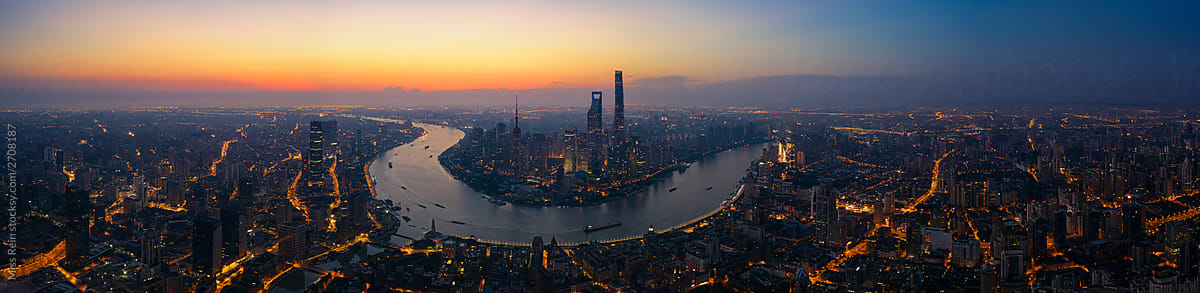 high angle view of city against sky during sunset,Shanghai
