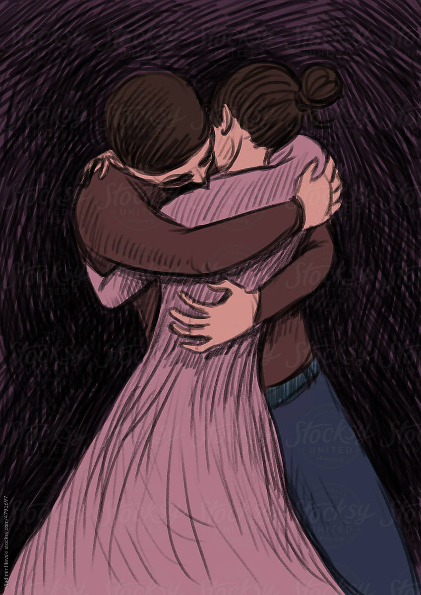 Couple hugging, digital illustration