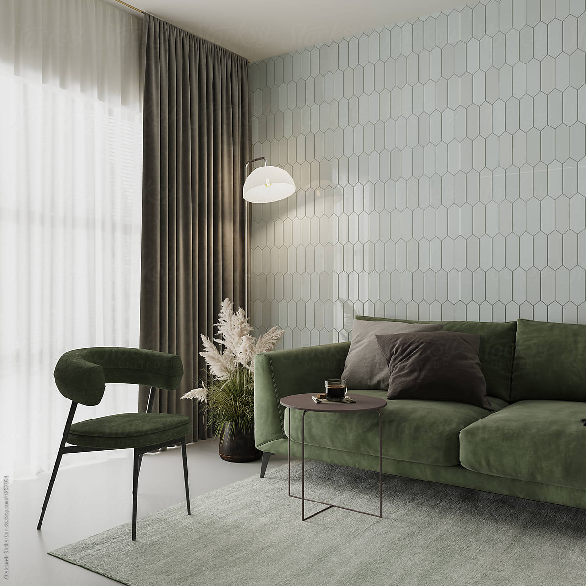 Living room interior with dark green sofa and armchair, tiled wall