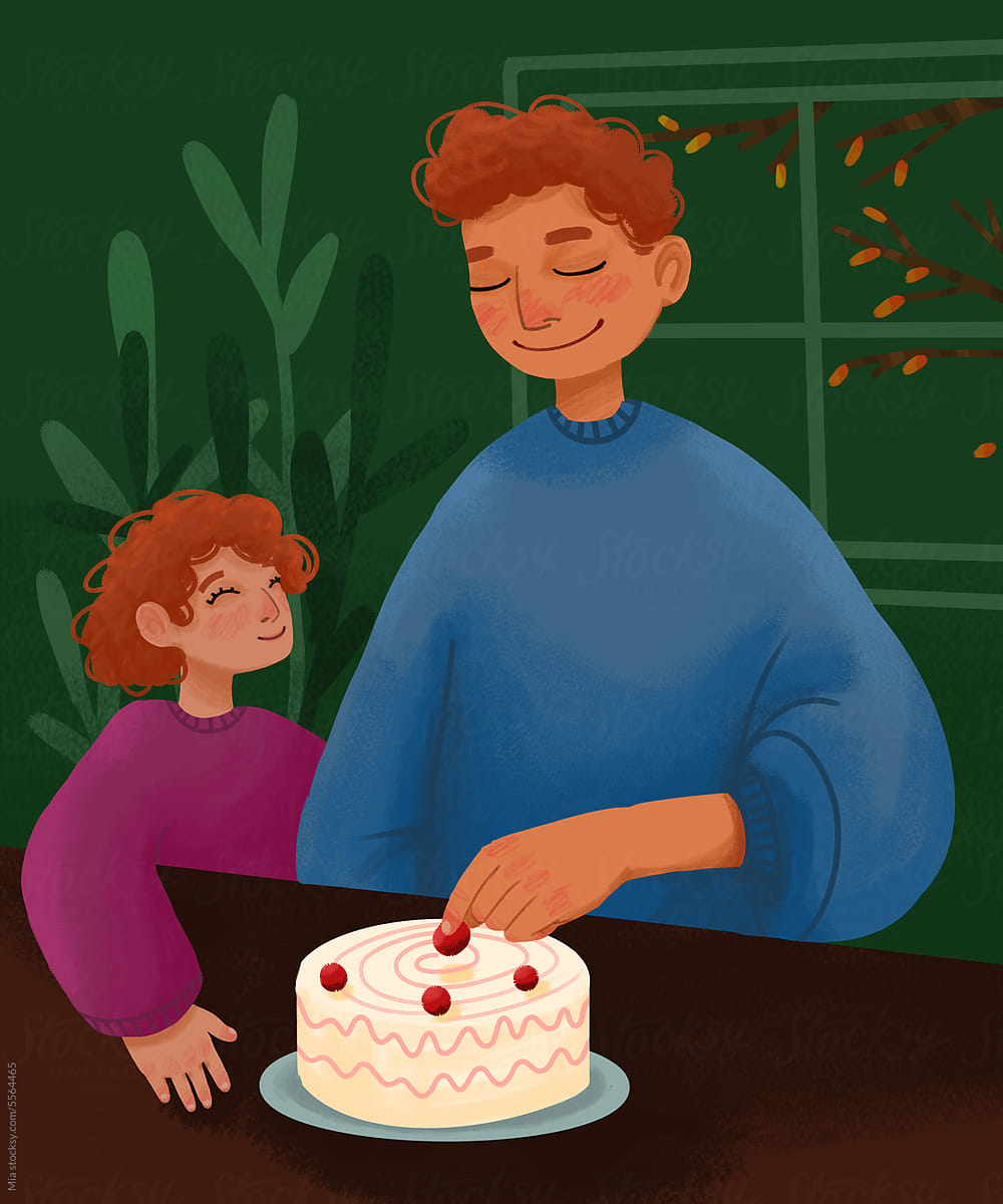 An illustration of a man and a child standing in front of a cake