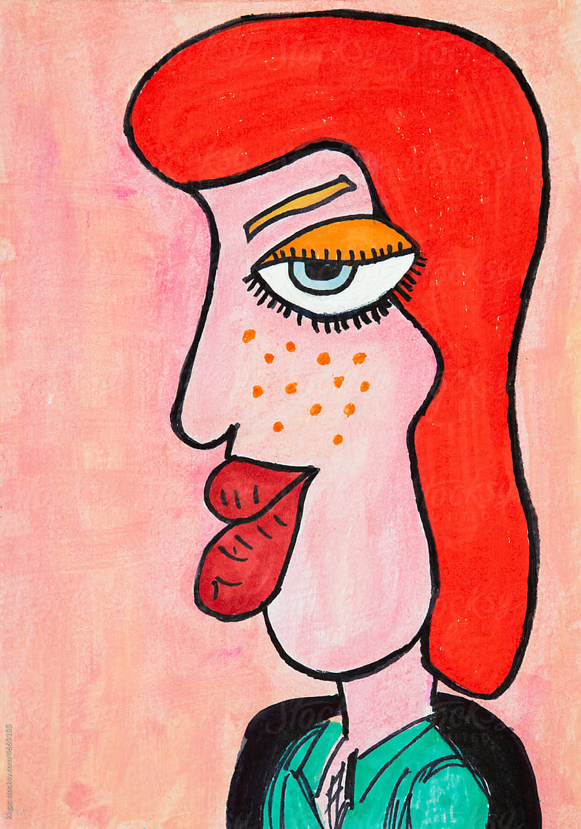 Confident red haired woman drawing