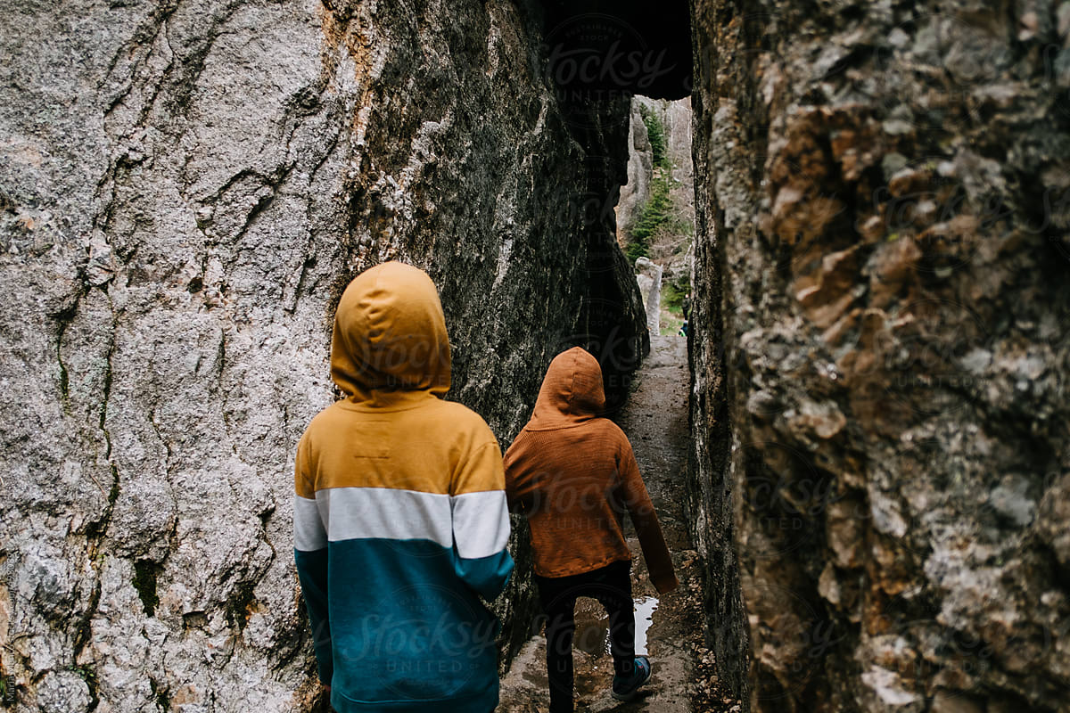 Back view of children walking a hiking trail