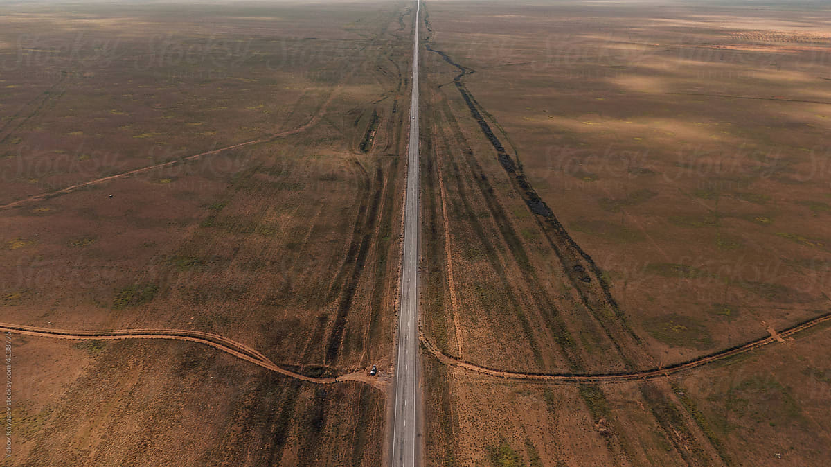 Drone view of a lonely road in steppe of Kalmykia