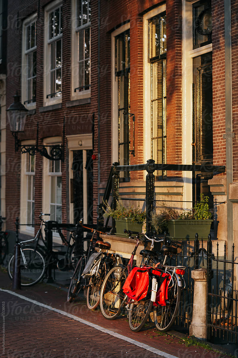 Bicycles at typical Amsterdam houses.