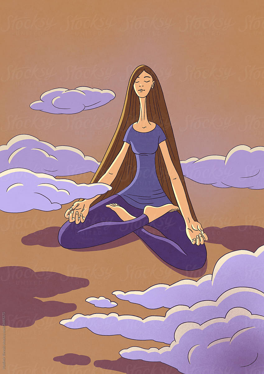 Girl  meditate in open space with clouds around.