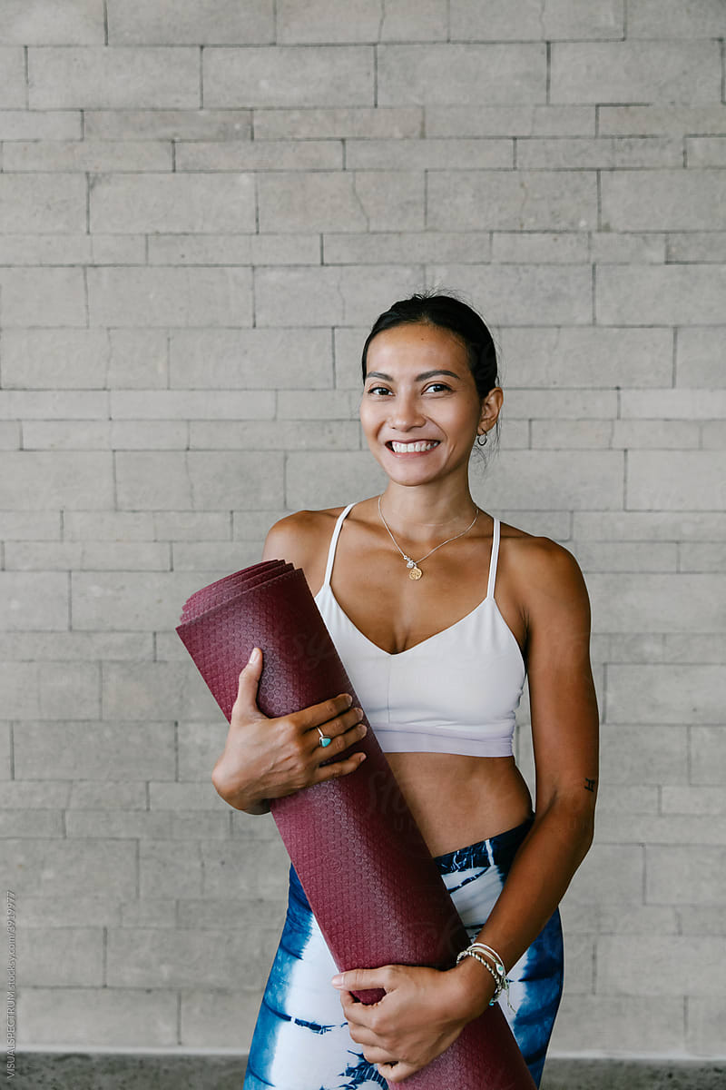 Yoga Smile - Portrait of Asian Woman With Yoga Mat
