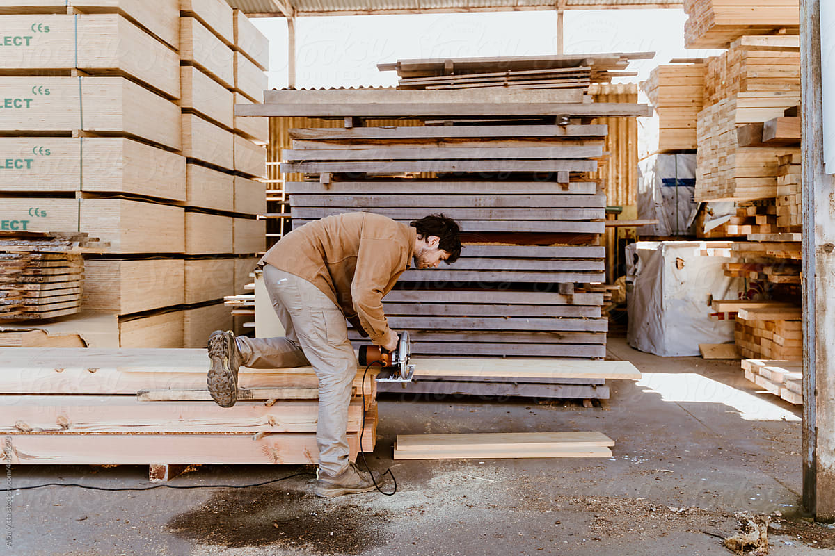 Portrait of man sawing Wooden boards at lumber mill in a barn