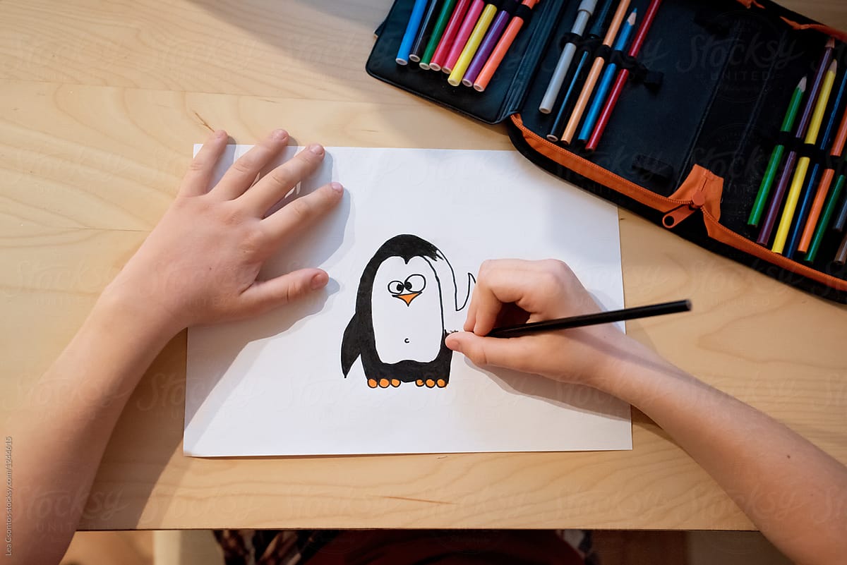 Boy drawing a penguin