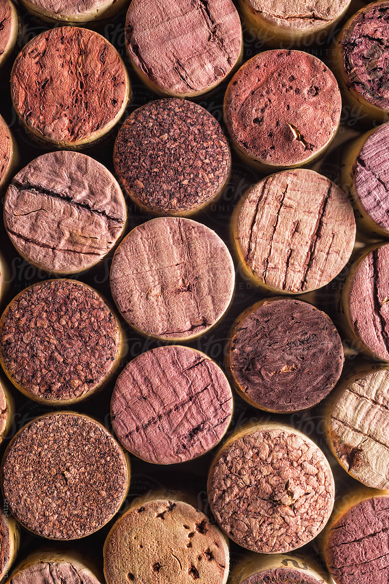 Overhead view of several old wine bottle corks