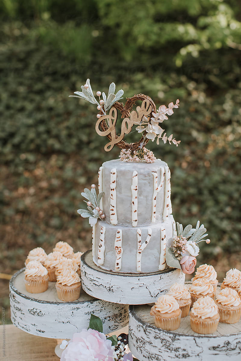 Beautiful, Woodsy Wedding Cake and Cupcakes on Dessert Table