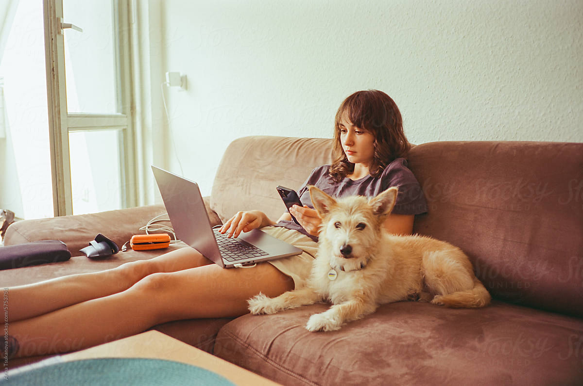 Woman working with laptop sitting on couch near the dog