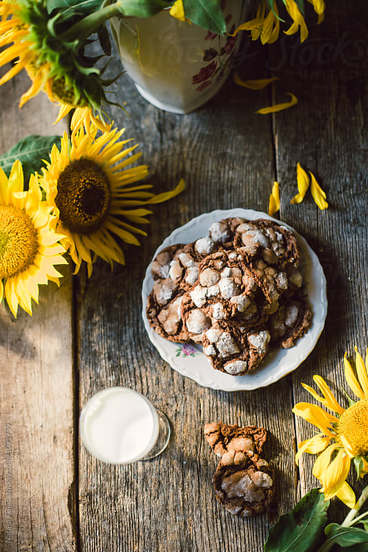 Chocolate chips cookies and sunflowers still life