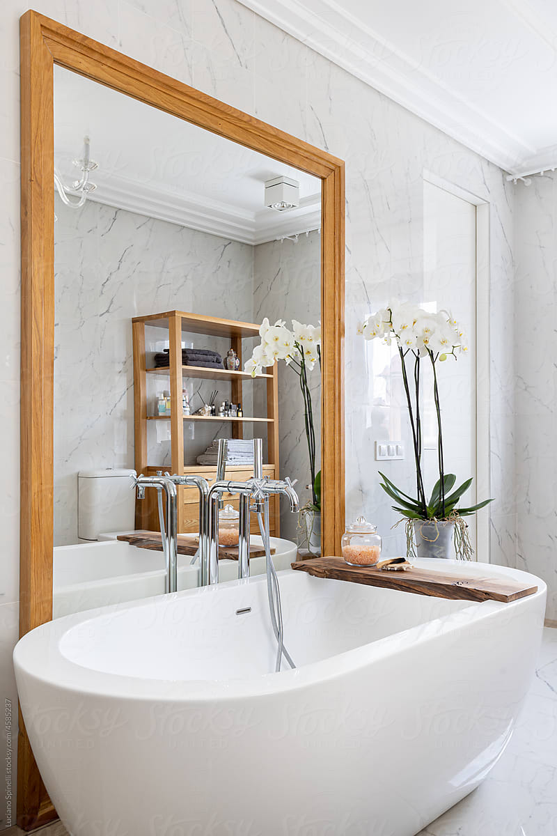 Bathroom with bathtub next to a mirror with a big orchid plant near