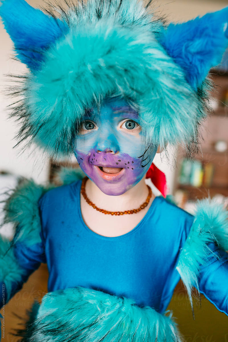 Portrait of Toddler Boy in Blue Cat Costume