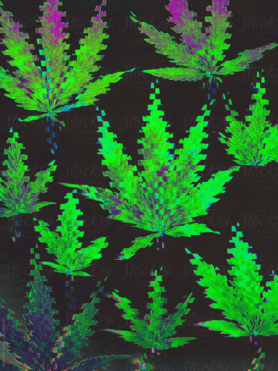Slight glitch effect on the marijuana, cannabis leafs in green