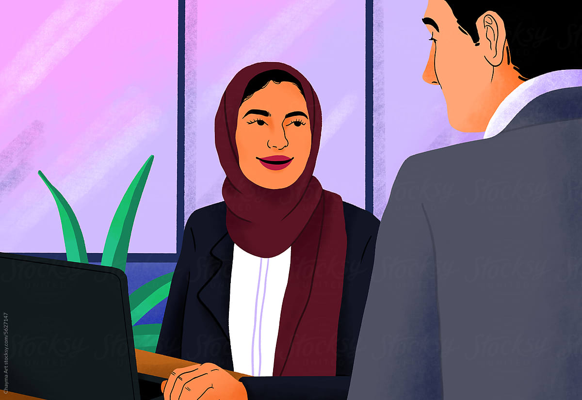 Illustration of A woman wearing a hijab smiles at her office colleague