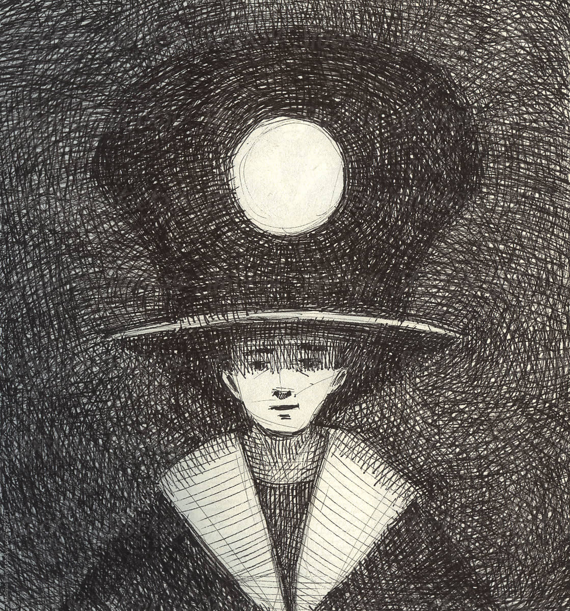 Hand ink drawing of a magical boy with a large hat