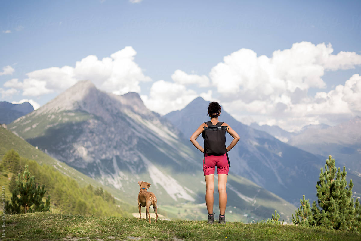hiker woman with dog on mountain.