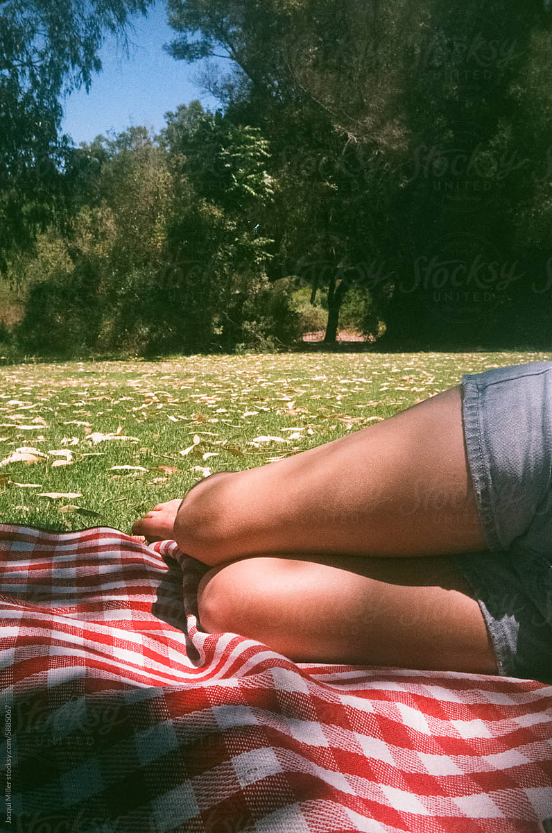 Legs of young woman relaxing on picnic rug