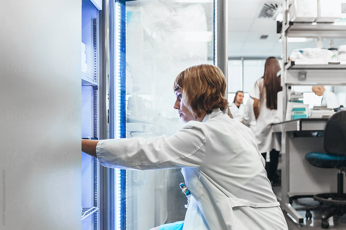 Woman looking inside the lab refrigerator
