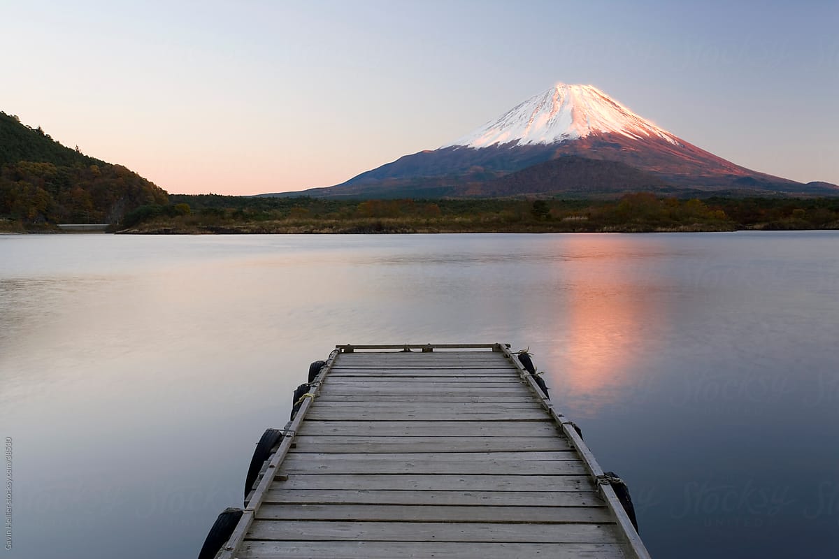 Japan, Mount Fuji viewed across lake Shoji-ko